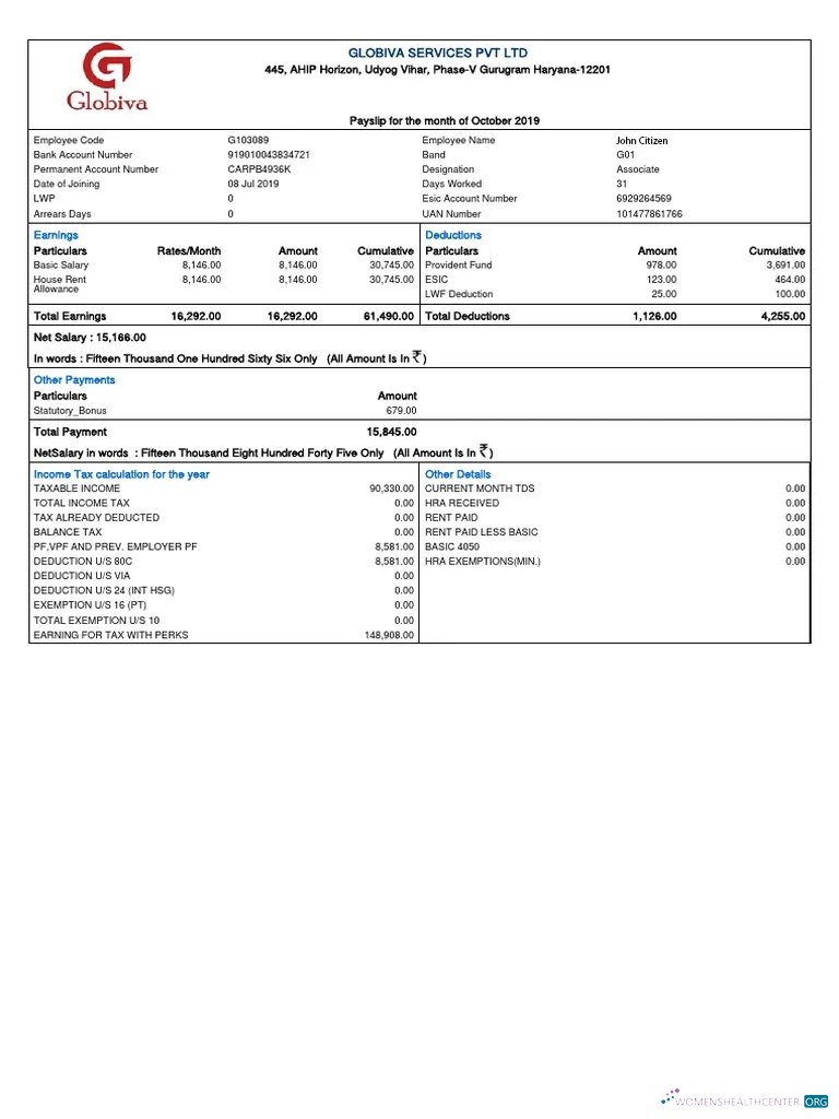 Download INDIA GLOBIVA Services PVT LTD payslip in Word and PDF formats Photoshop template